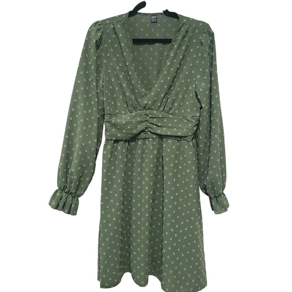 SHEIN Sage Green Swiss Dot Smocked Waist Long Sleeve Midi Dress Large 8/10